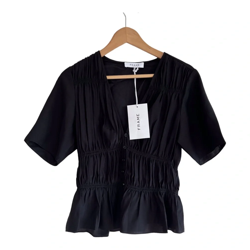 FRAME Ruched V-Neck Silk Short Sleeve Blouse - Picture 2 of 6
